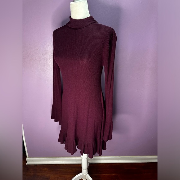 Express Burgandy Ribbed Ruffle Long Sleeve High Neck Dress, Size S - Picture 1 of 9